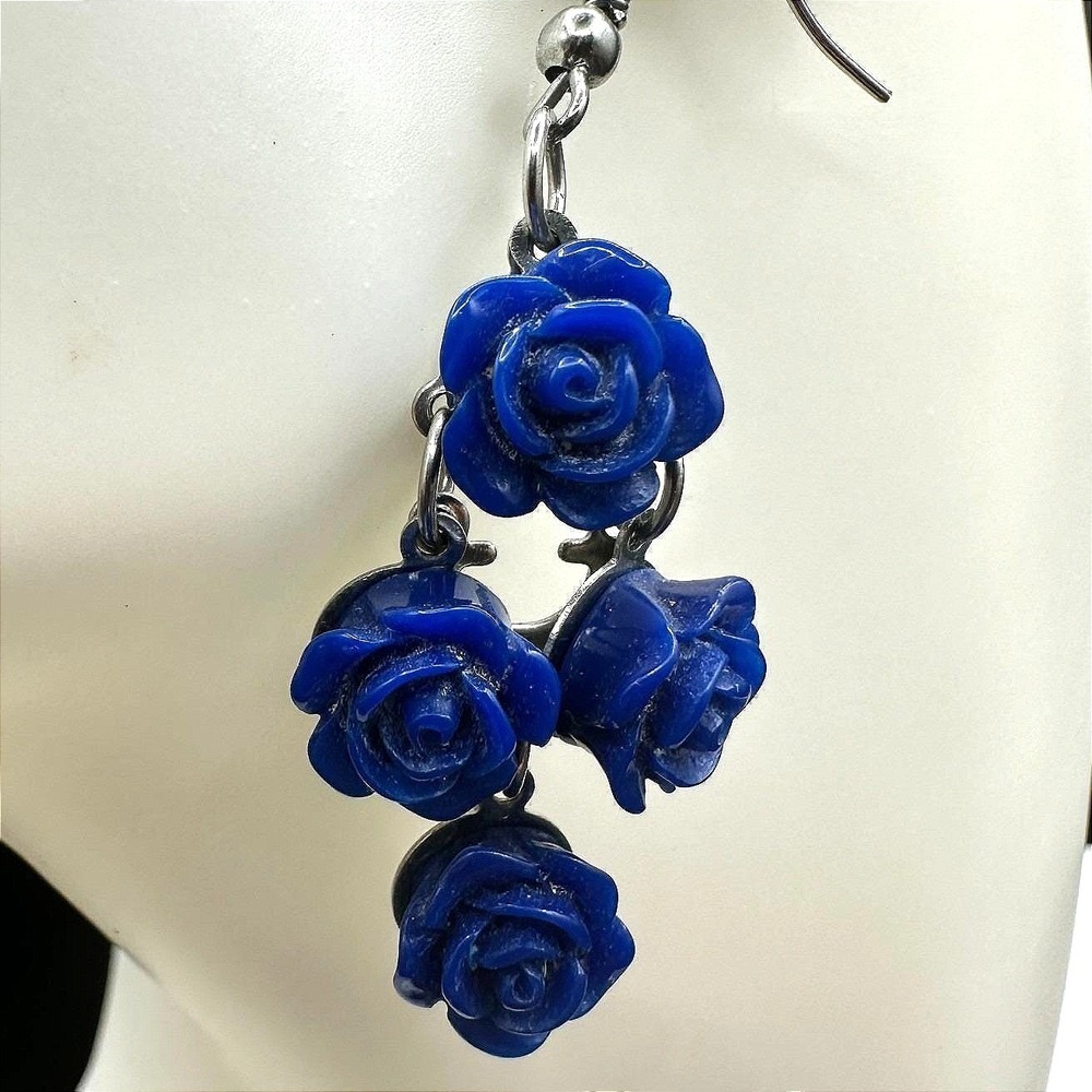 Vintage‎ Blue Rose Dangle Earrings Silver Tone Floral Drop Hook Boho Jewelry